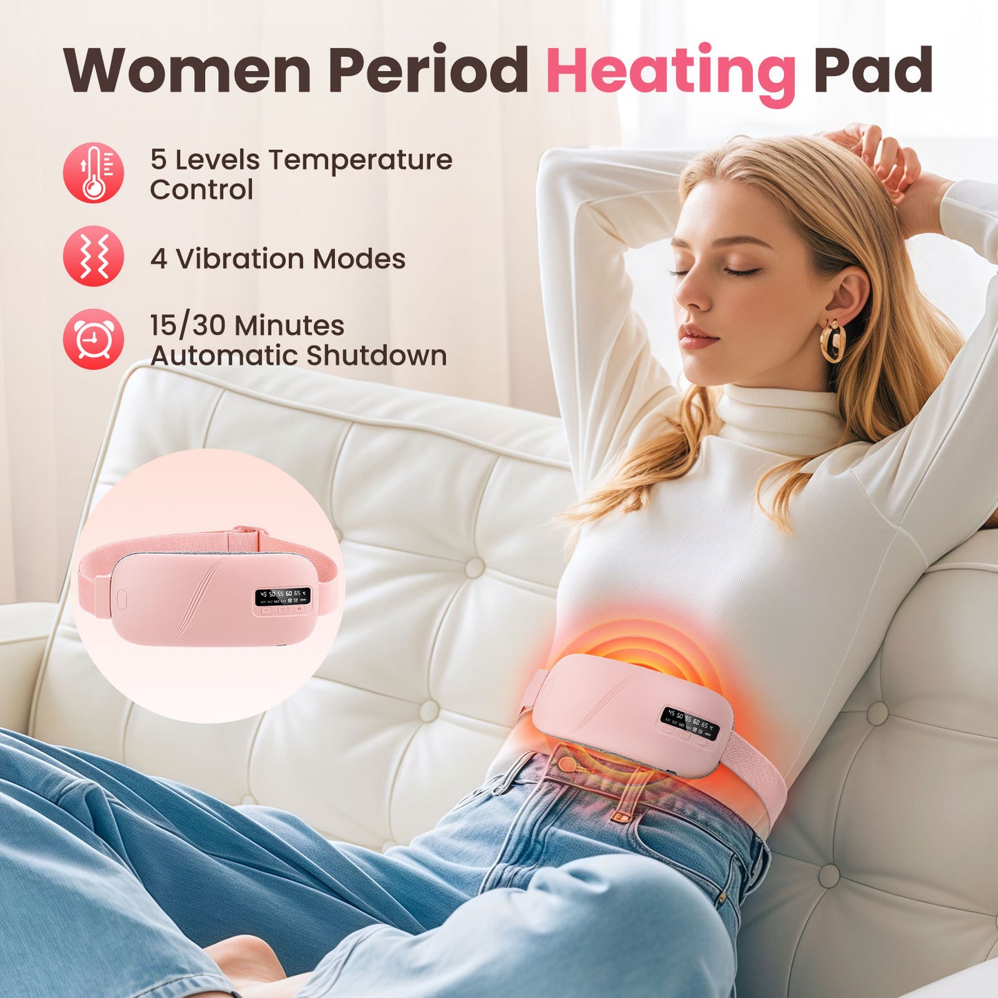 QJ™ USB Rechargeable Menstrual Heating Belt, Menstrual Pain Relief Device, Heating and Vibration Massage Belt
