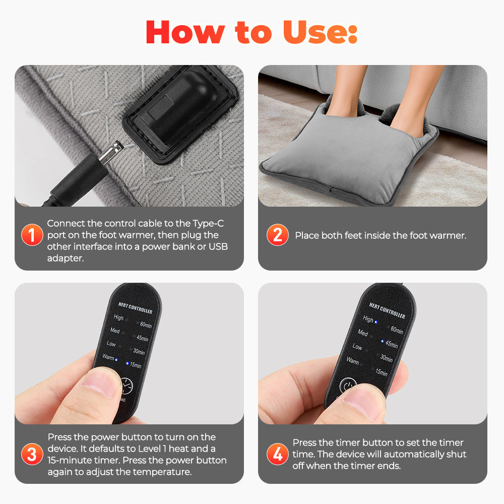 QJ™ USB Plug-in Electric Foot Warmer Pad for Home and Office, Quick Heat, Four Temperature Control Levels, Foot Warming Artifact, Heating Pad, Foot Warmer