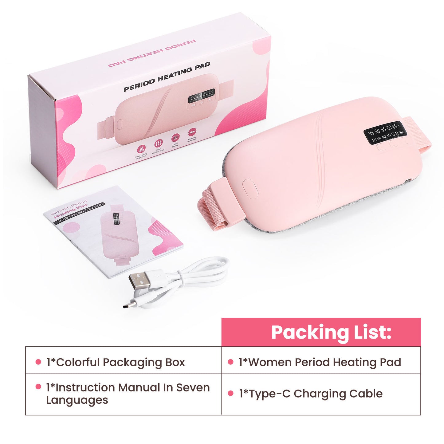 QJ™ USB Rechargeable Menstrual Heating Belt, Menstrual Pain Relief Device, Heating and Vibration Massage Belt